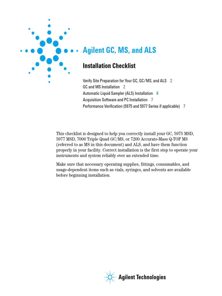 Agilent GC, MS, ALS Installation Guide | PDF | Gas Chromatography–Mass ...