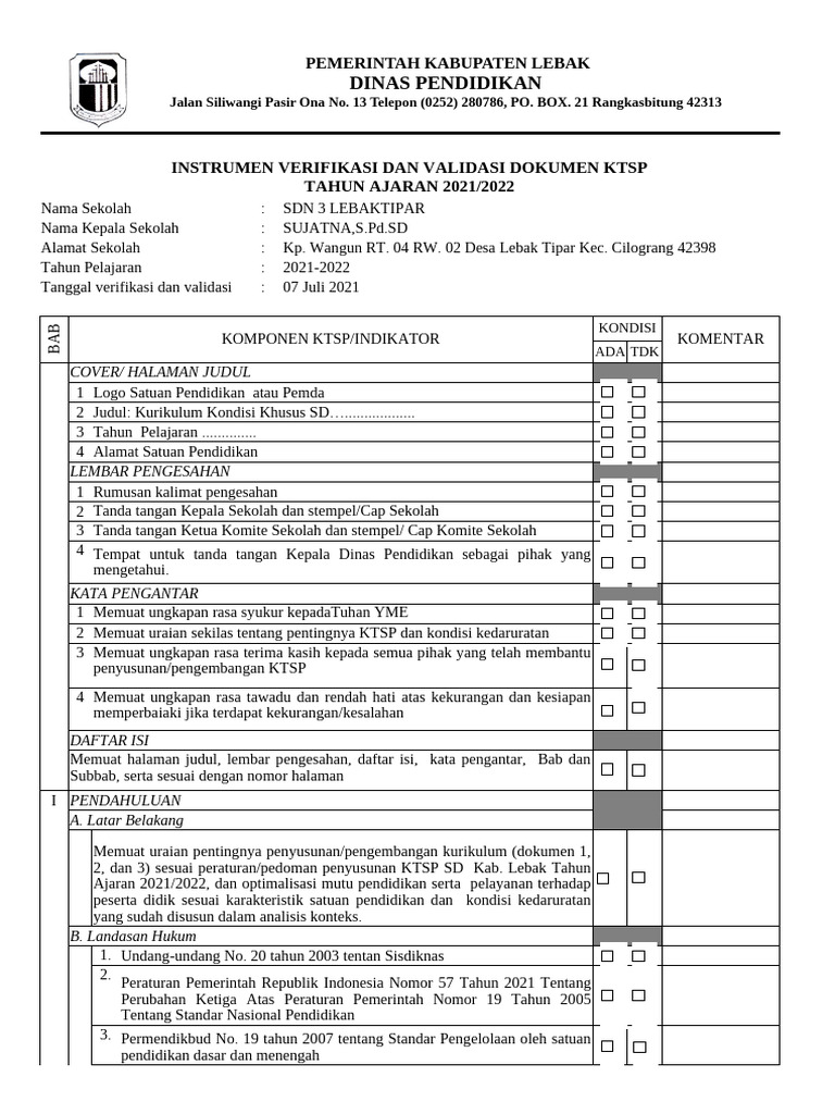 Instrumen verval ktsp sd 2021 2022 revisi pdf