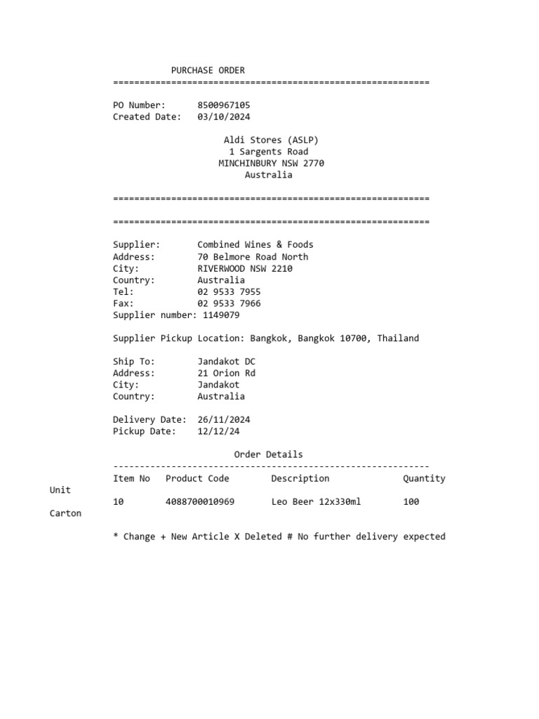 Purchase Order for Leo Beer 12x330ml | PDF