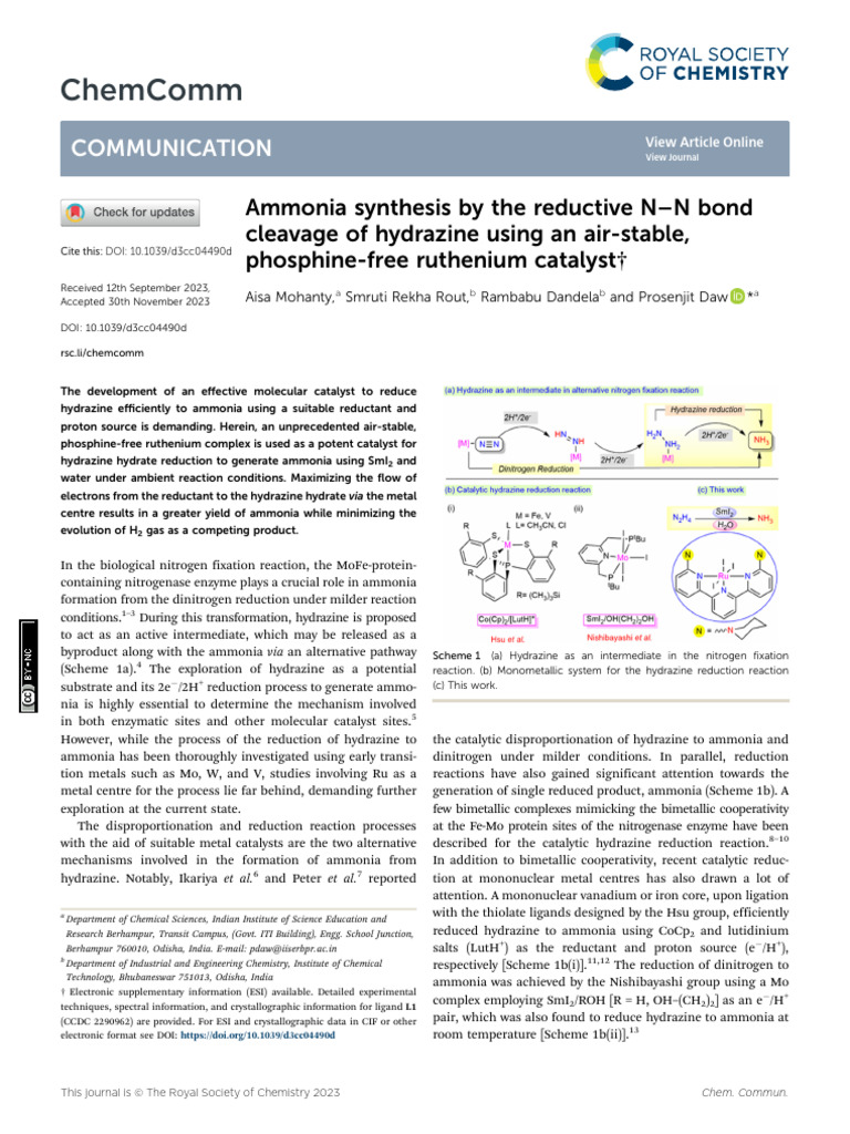Ammonia Synthesis by The Reductive N-N Bond Cleavage of Hydrazine Using ...