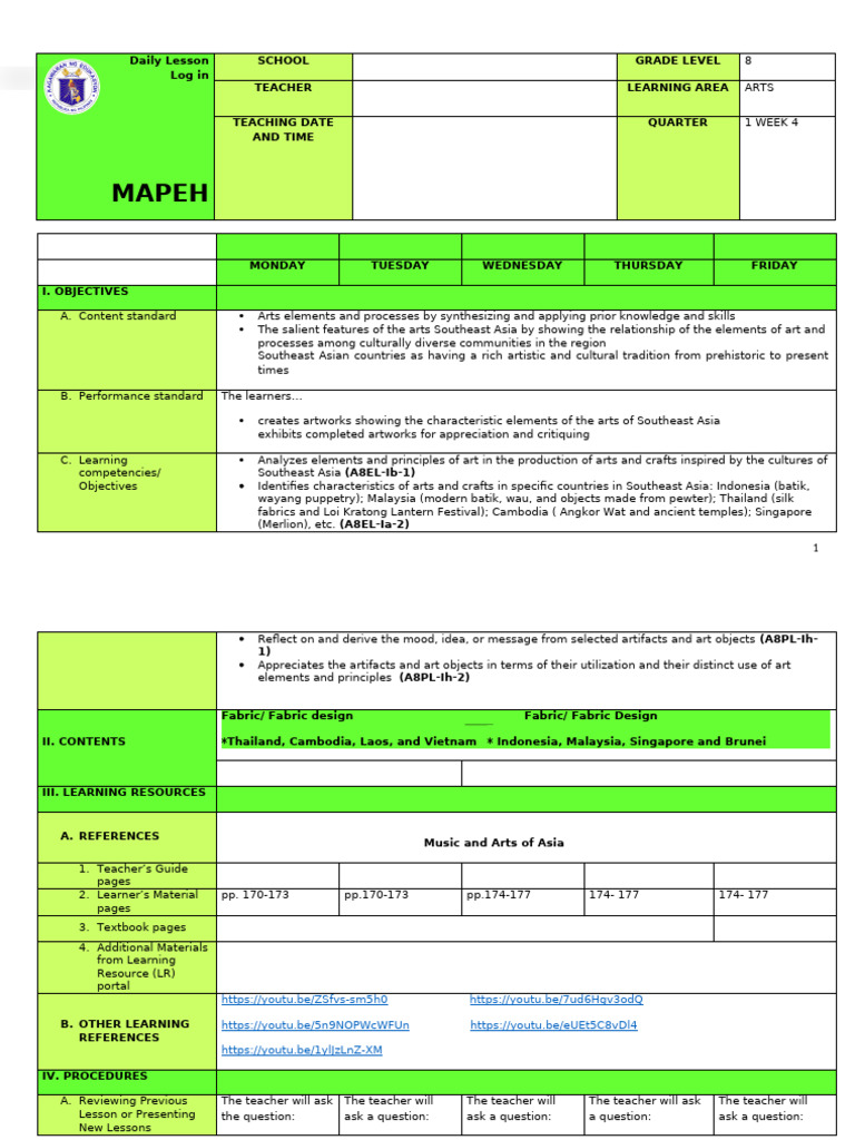 Southeast Asian Arts Lesson Plan | PDF | Southeast Asia | Learning