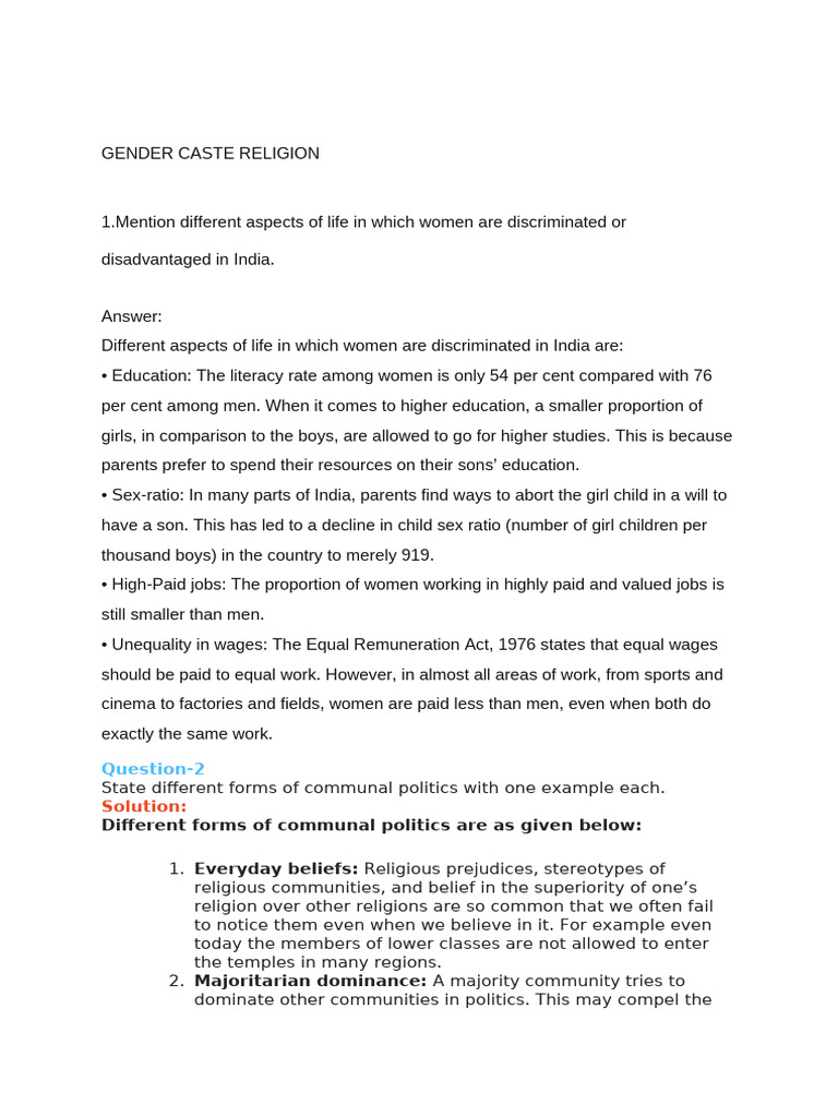 Gender Caste and Religion | PDF | Woman | Discrimination
