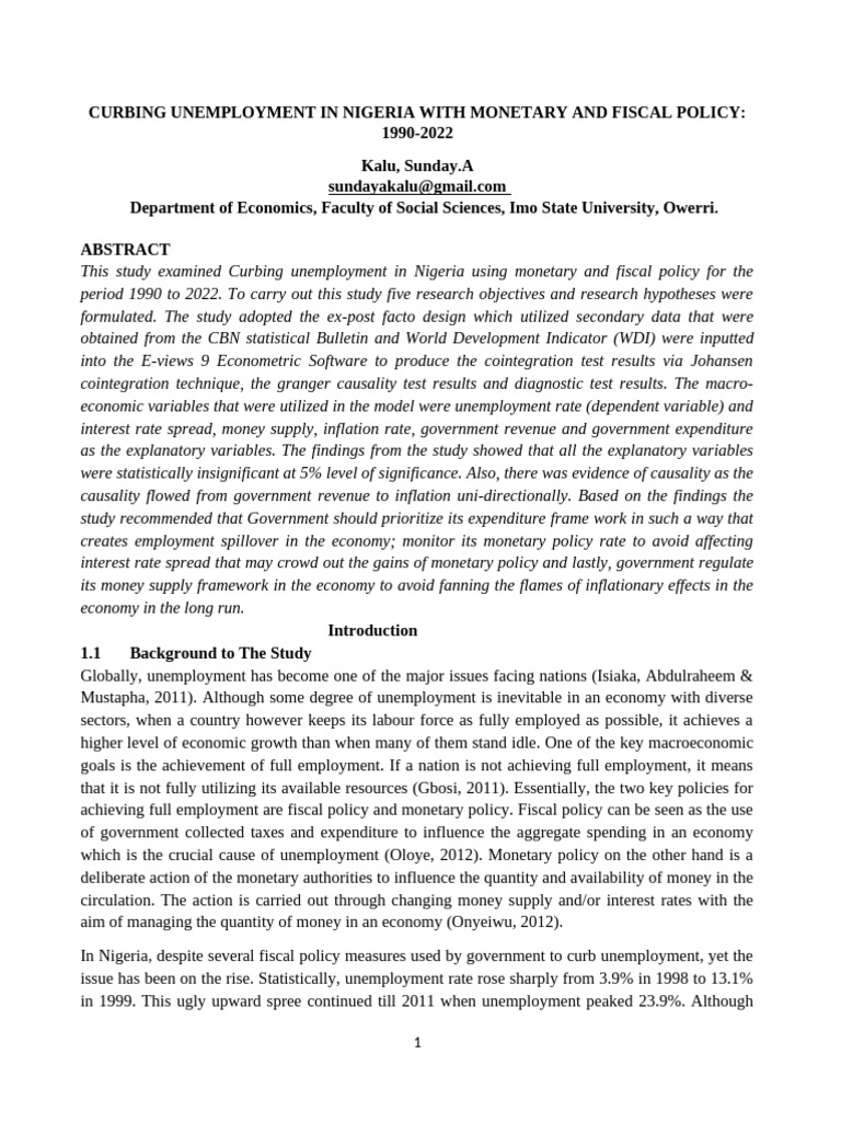 Article-Curbing Unemployment in Nigeria With Monetary and Fiscal Policy ...