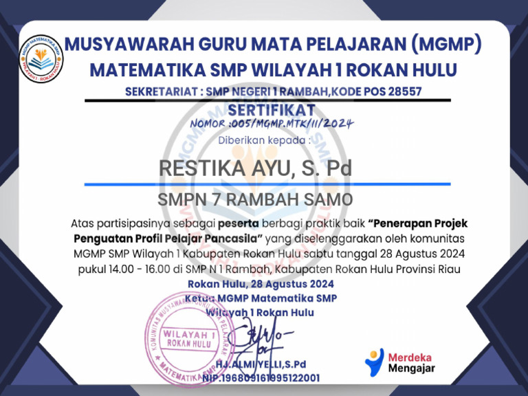 E-SERTIFIKAT - RESTIKA AYU, S.PD MGMP 2 | PDF