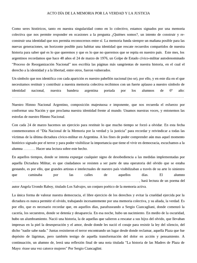 Acto Dìa de La Memoria Por La Verdad y La Justicia | PDF | Memoria
