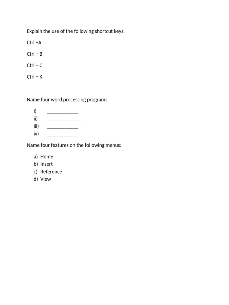 Explain The Use of The Following Shortcut Keys | PDF