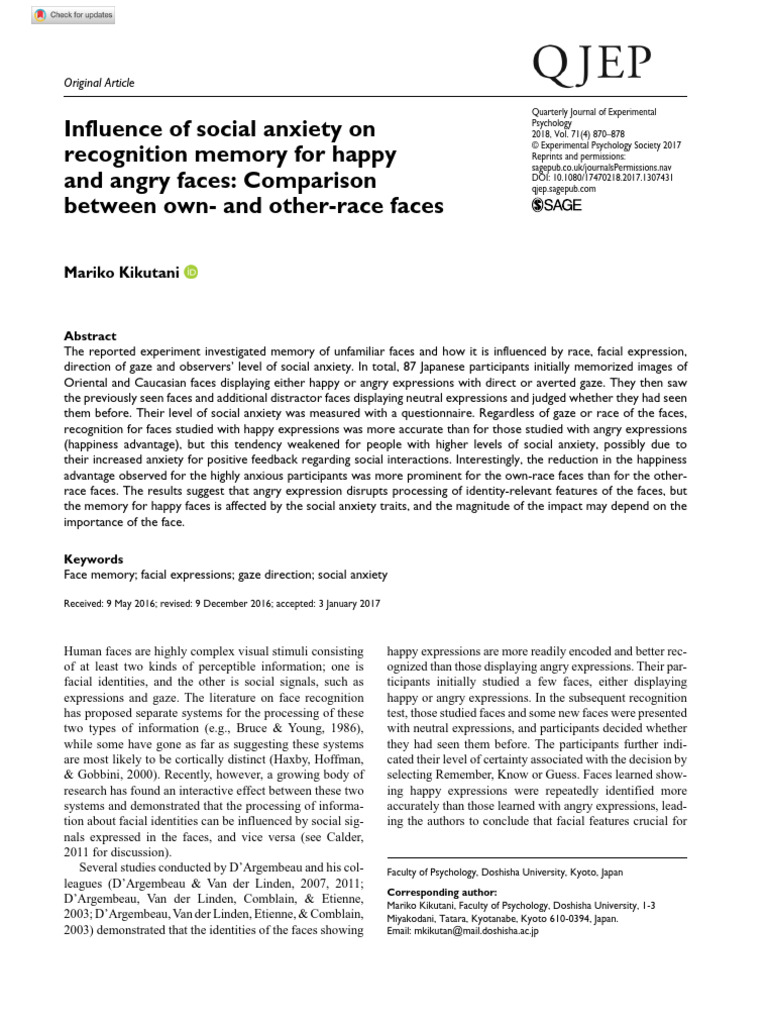 Social Anxiety and Face Recognition Memory | PDF | Social Anxiety | Anxiety