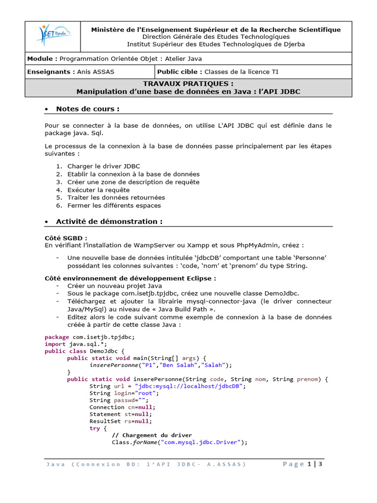Connexion JDBC et gestion de base de données | PDF | Java (Langage de ...