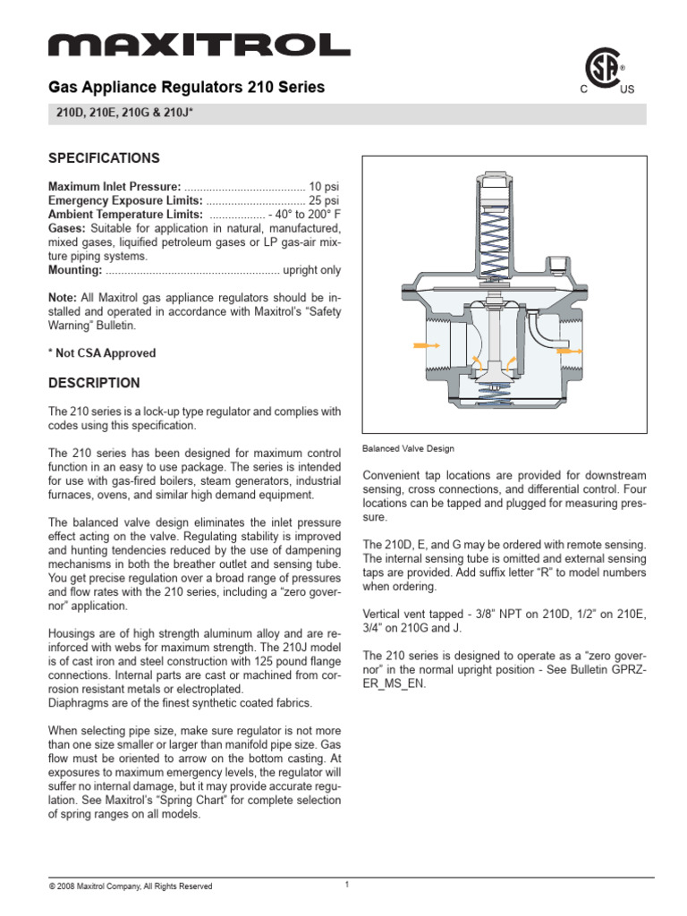 Maxitrol 210 Series Gas Regulators | PDF | Valve | Boiler