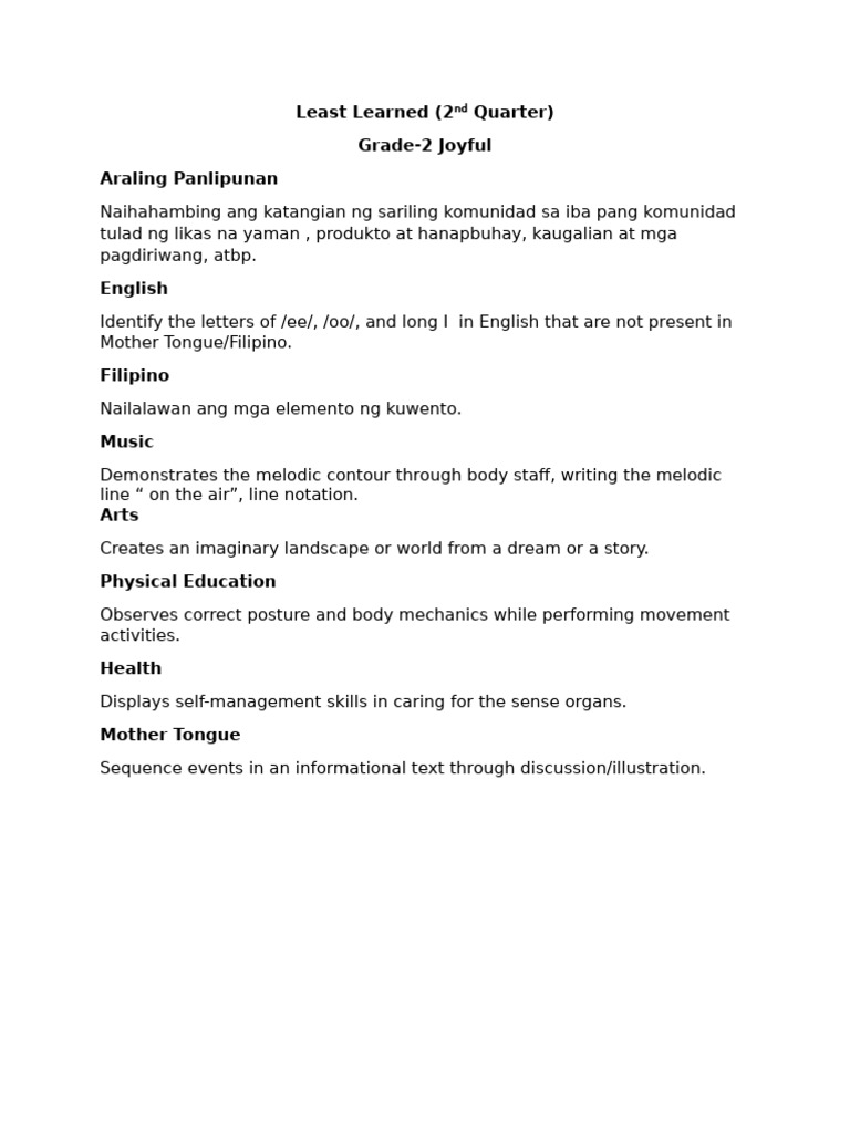 2nd Quarter Least Learned | PDF | Language Arts & Discipline | Self ...
