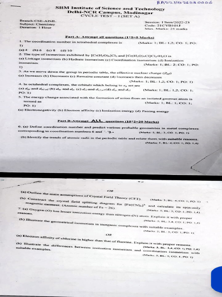 Chem Unit 1 Qp Pdf Coordination Complex Isomer