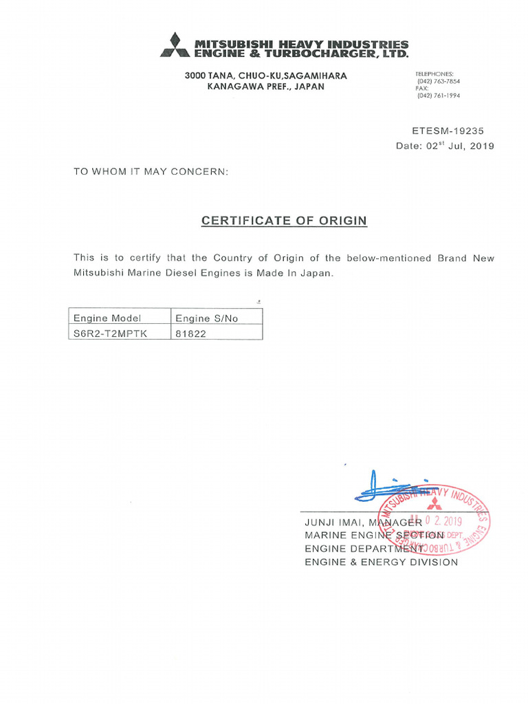 20 Main Engine Manufacture Certificate SSM 1P (P) Coo-81822 | PDF