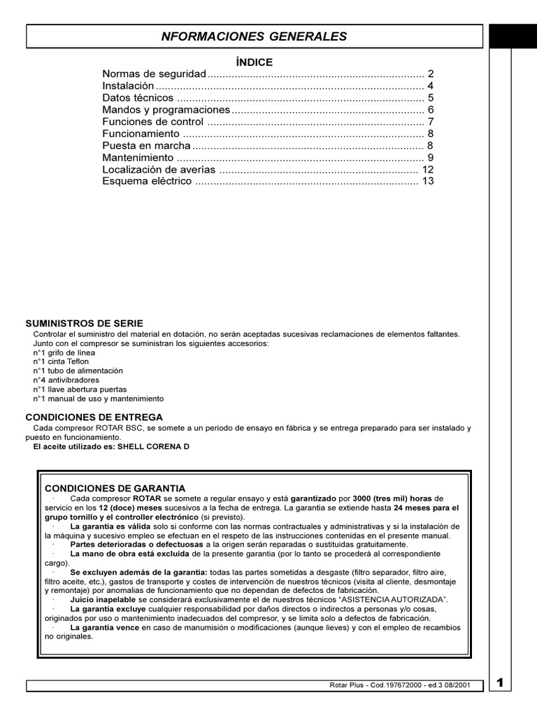 Manual de Uso Compresor Rotar Plus | PDF | Filtración | Tornillo