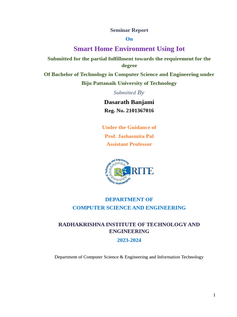 Smart Home IoT Seminar Report | PDF | Internet Of Things | Home Automation