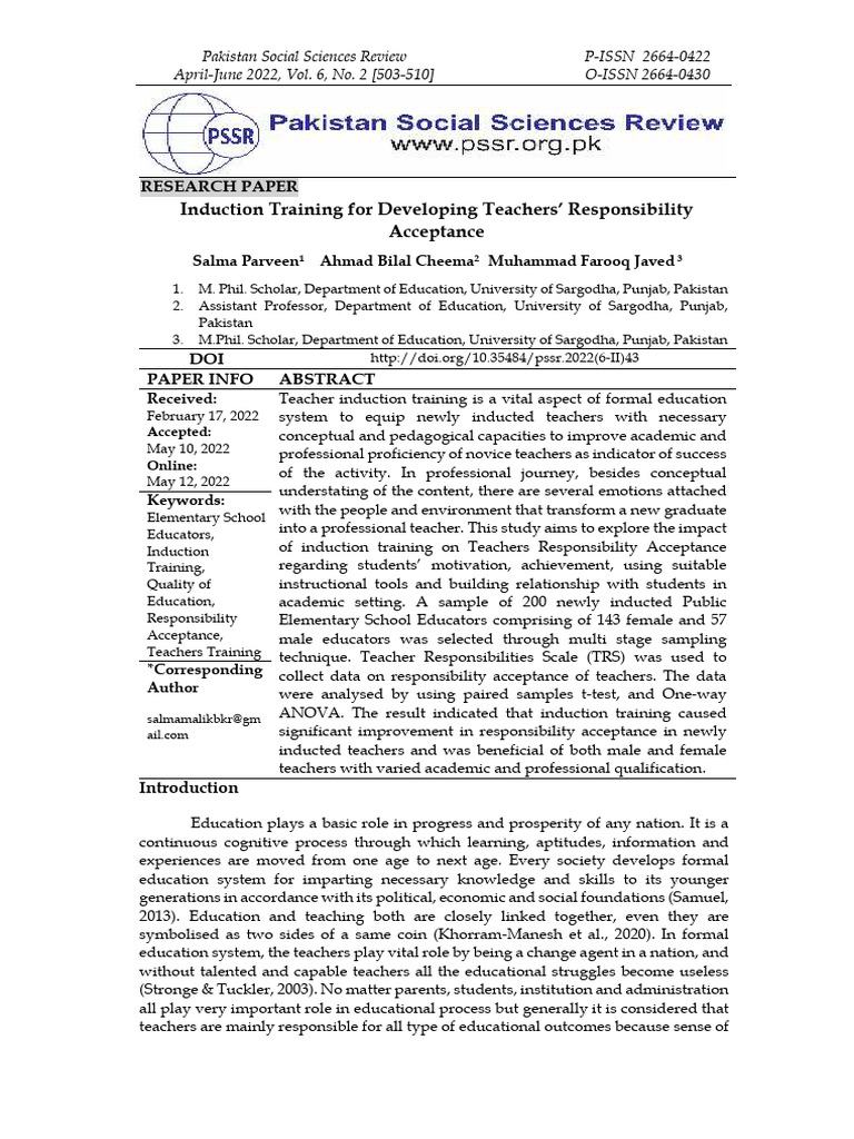 Impact of Induction Training on Teacher Responsibility | PDF | Teachers ...