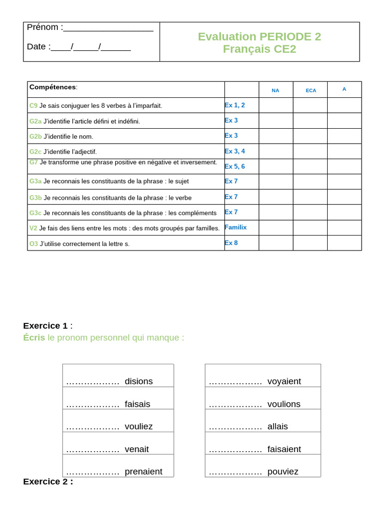 Évaluation Français CE2 Période 2 | PDF | Phrase | Verbe