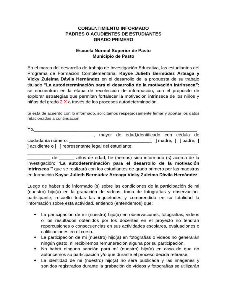 Consentimiento Informado para Investigación Escolar | PDF