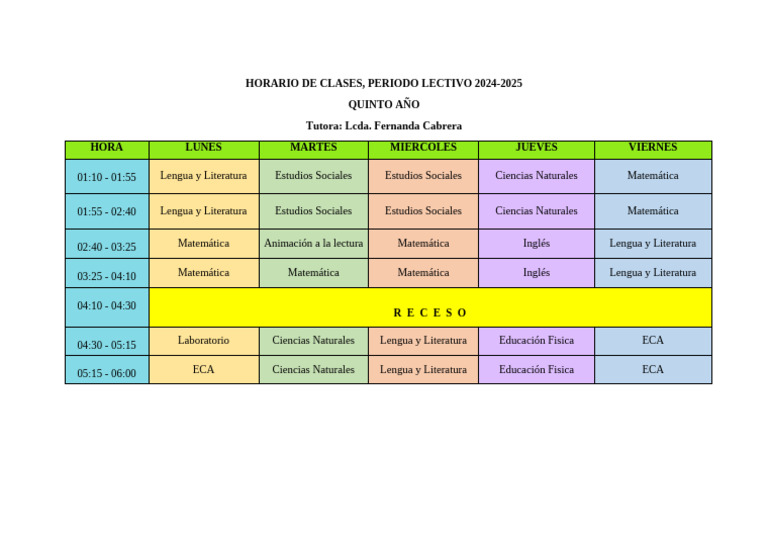 Horario Quinto Año 2024-2025 | PDF | Estudios de idiomas extranjeros
