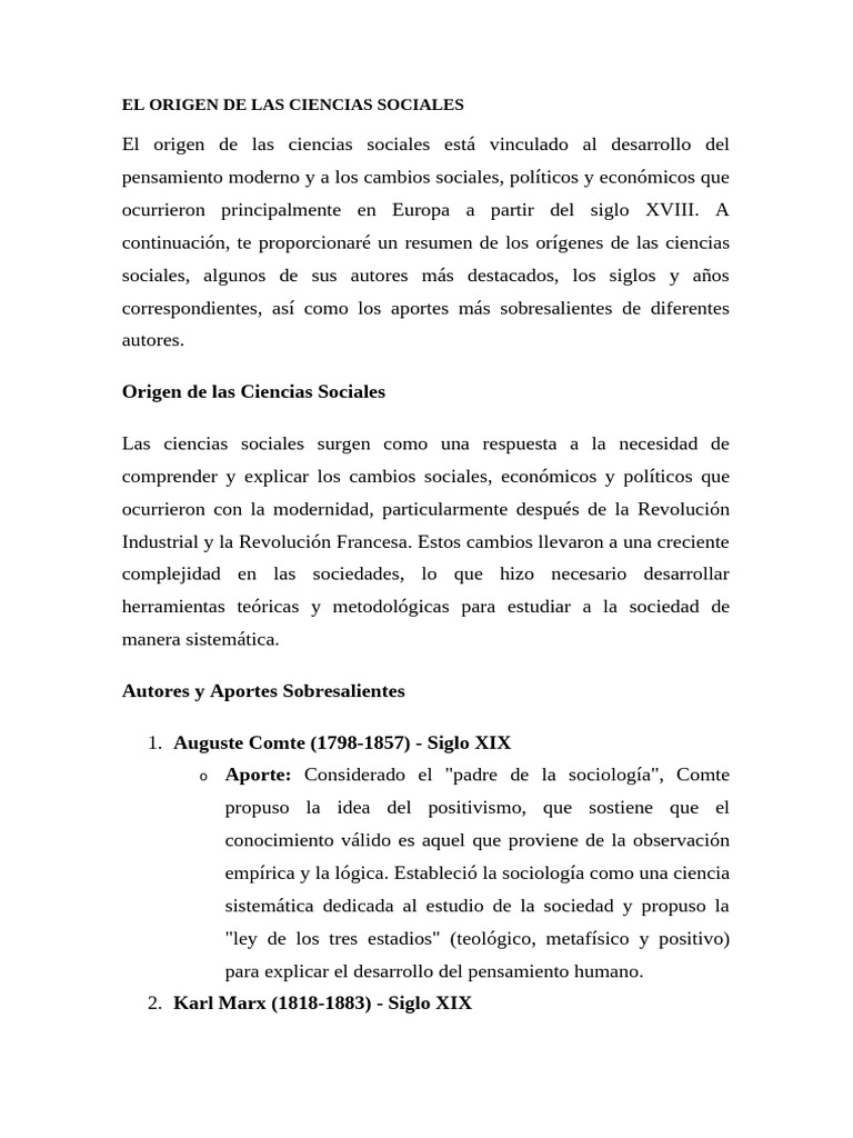 Orígenes de las Ciencias Sociales | PDF | Sociología | Ciencias Sociales