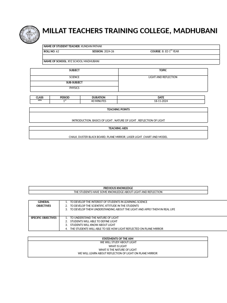 Final Lesson Plan Pdf Light Reflection Physics
