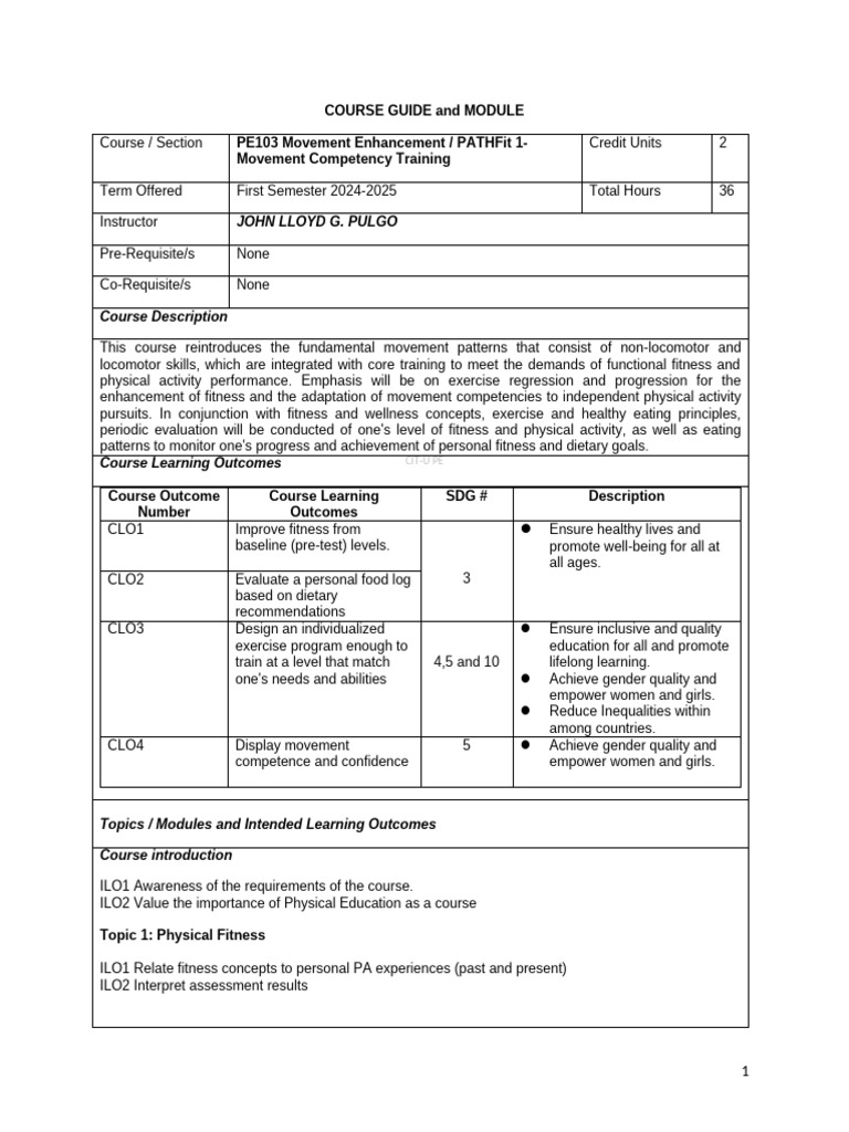 Pe 103 Pathfit 1 Course Guide & Module 1st Sem 2024-2025 | PDF | Blood ...