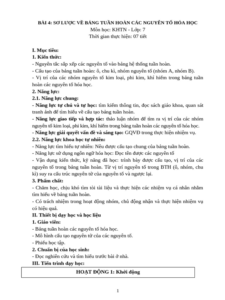 Giáo An - Bai 4 - Bang Tuan Hoan Cac NTHH - KNTT - KHTN7 | PDF