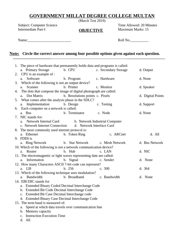 Inter Part-1 (March 2019) | PDF | Computer Network | Network Interface ...