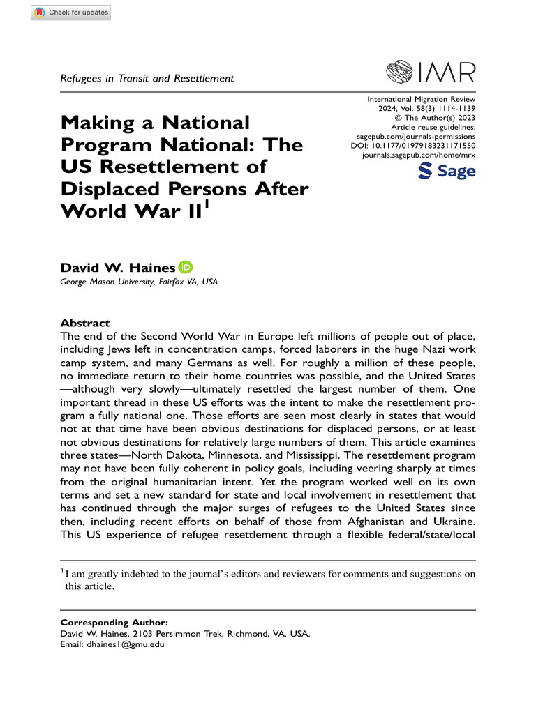 US Resettlement of WWII Displaced Persons PDF Refugee Immigration