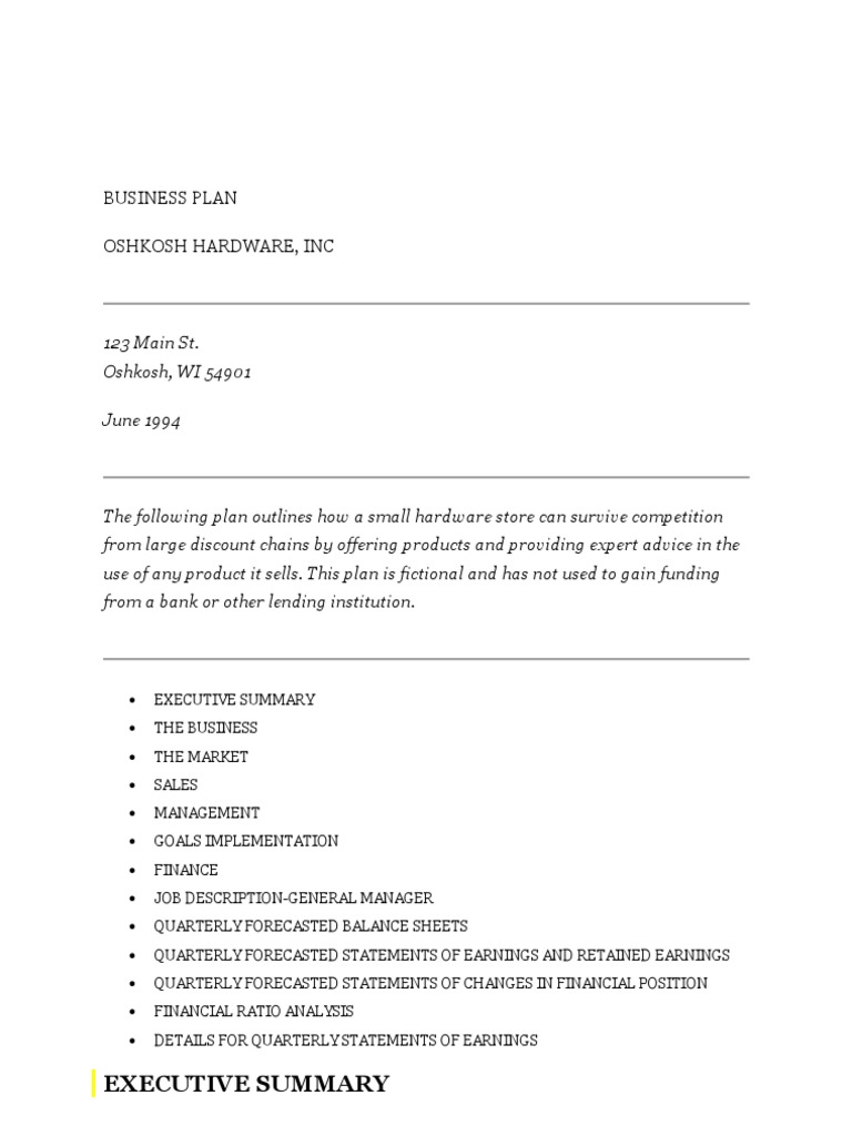 Business Plan Hardware Store PDF Retained Earnings Equity (Finance)