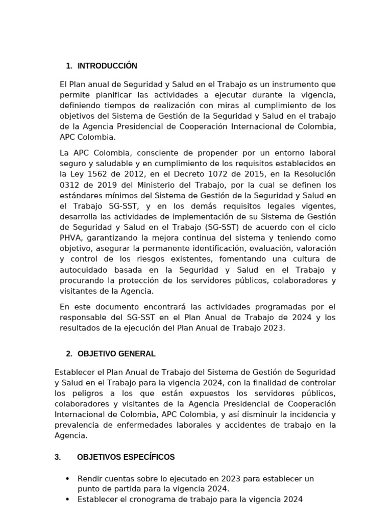 Plan de Seguridad y Salud en El Trabajo 2024 | PDF | Seguridad y salud ...