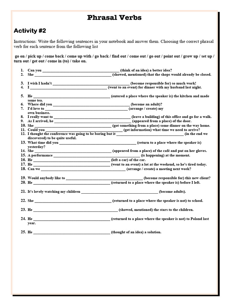 Phrasal Verbs Practice Exercises | PDF | Grammar | Syntax