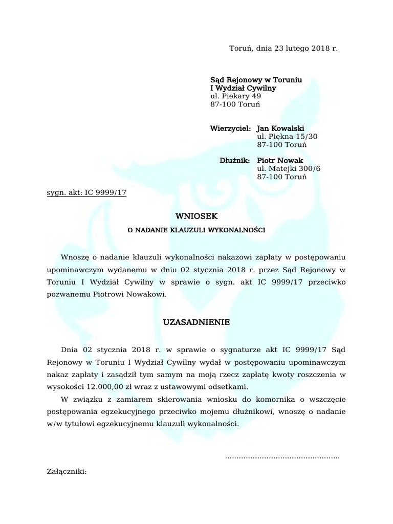 2018.02.22 Wzr Wniosku o Nadanie Klauzuli Wykonalnoci | PDF