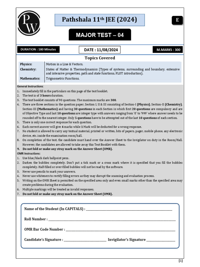 66b90dcd5645450018156ef4_##_Major Test 04 - Test Question Paper | PDF ...