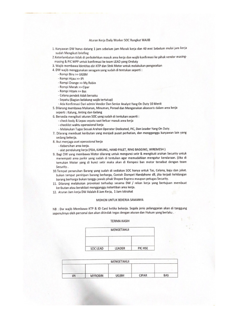 Aturan Kerja Daily Worker SO Rungkut WAJIB | PDF