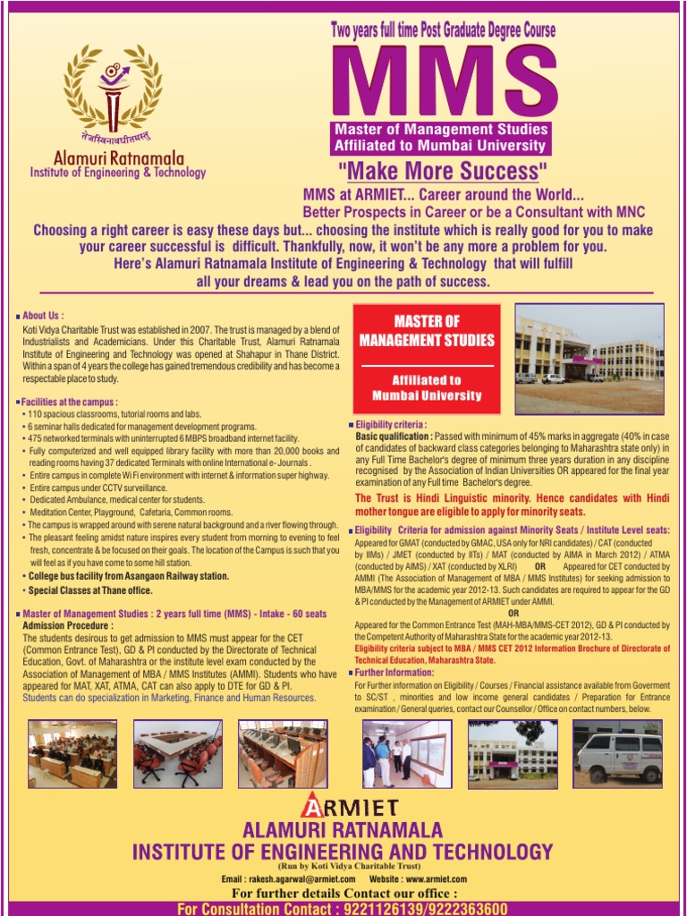 MMS Admission Details at ARMIET | PDF | University And College ...
