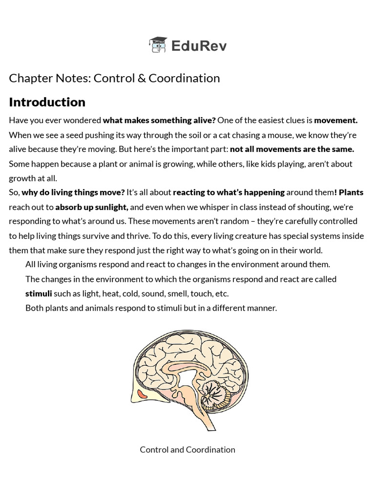 Control and Coordination in Living Organisms | PDF | Nervous System ...