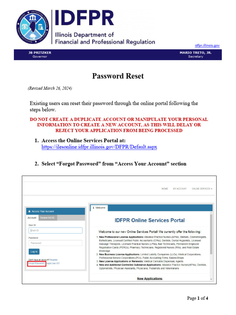 IDFPR Online Portal Password Reset Guide | PDF | Finance & Money Management