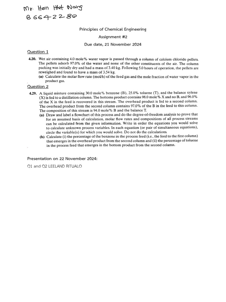 Assignment For Principal Ofchemical Engineering | PDF | Chemistry