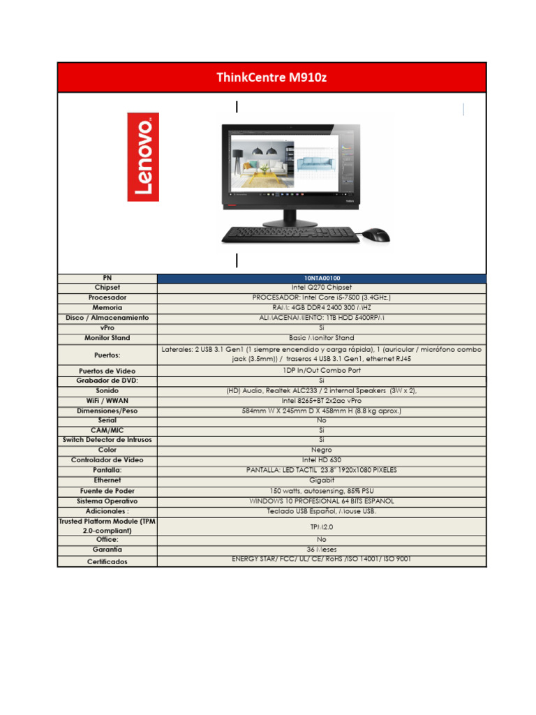 PC ThinkCentre M910z: i5, 4GB, 1TB HDD | PDF | Hardware de la ...