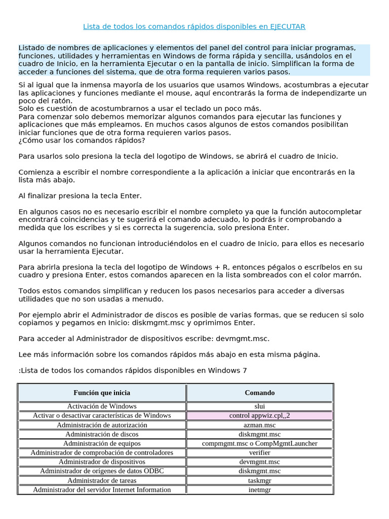 Comandos Rápidos para Ejecutar en Windows | PDF | Archivo de ...