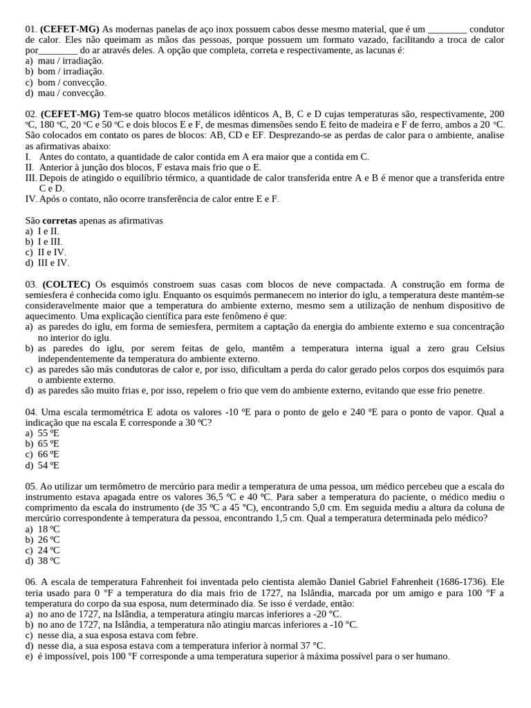 Termologia - Caderno de Exercícios | PDF | Calor | Temperatura
