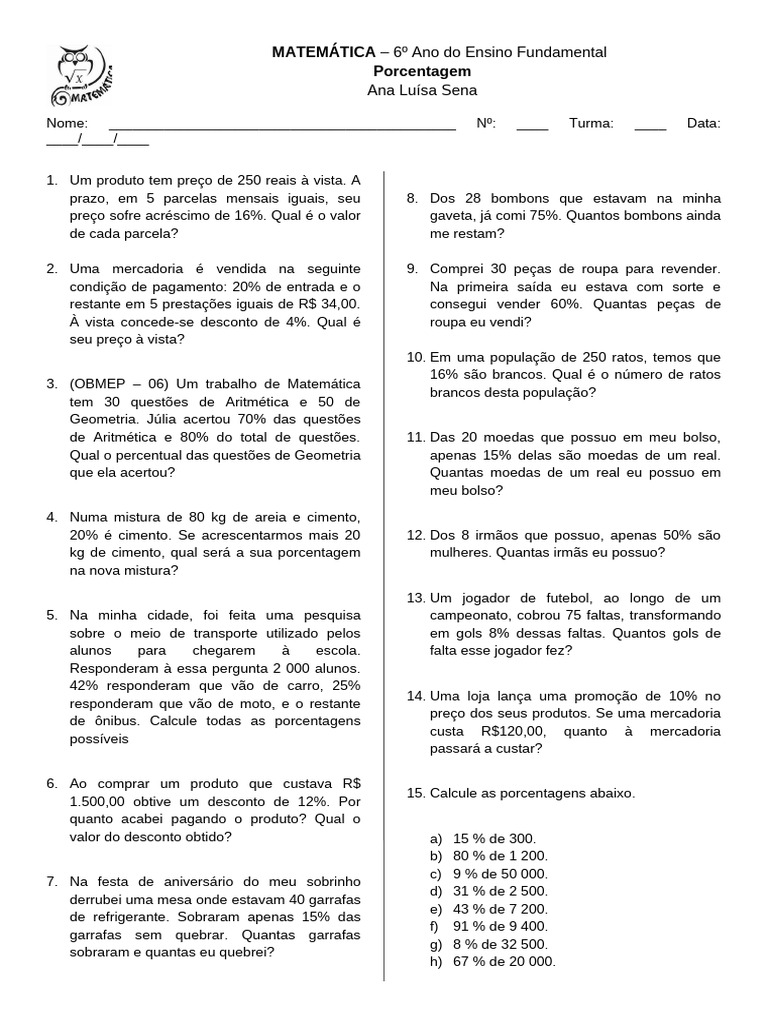 Exercícios de Porcentagem - 6º Ano | PDF