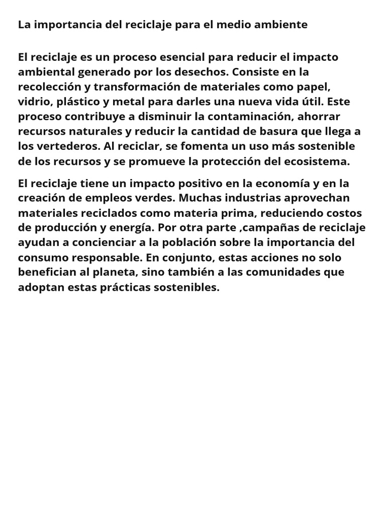 La Importancia Del Reciclaje para El Medio Ambiente PDF | PDF