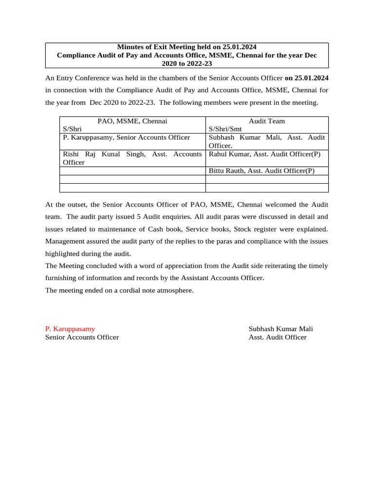 Compliance Audit Exit Meeting Minutes | PDF | Finance & Money Management