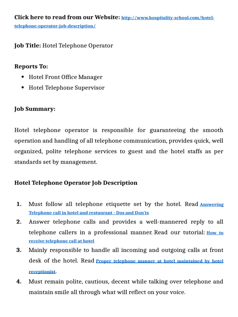 Hotel Telephone Operator Job Description | PDF | Telecommunications