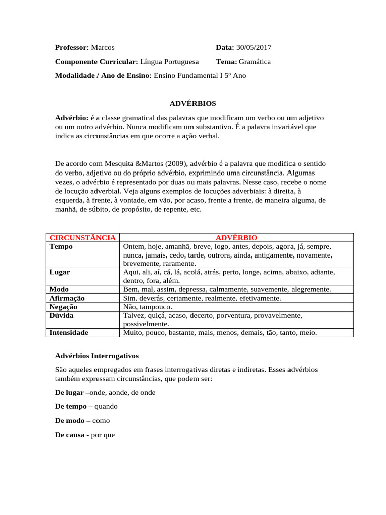 Atividades sobre Advérbios para 5º Ano | PDF | Advérbio | Famílias ...