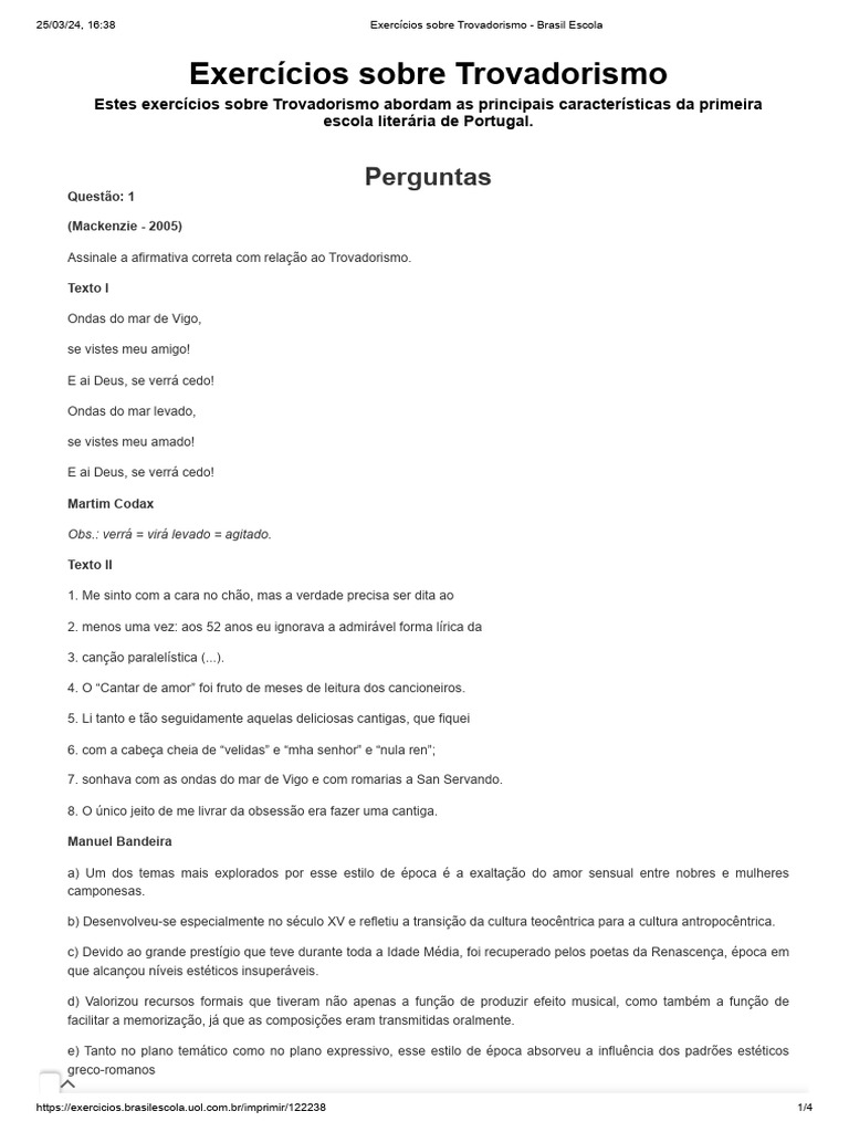 Exercícios Sobre Trovadorismo - Brasil Escola | PDF | Poesia