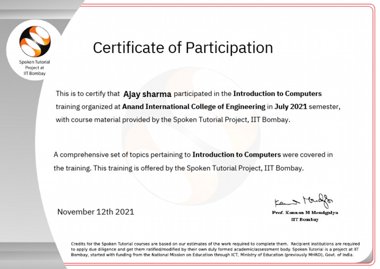 Intro to Computers Training Certificate | PDF