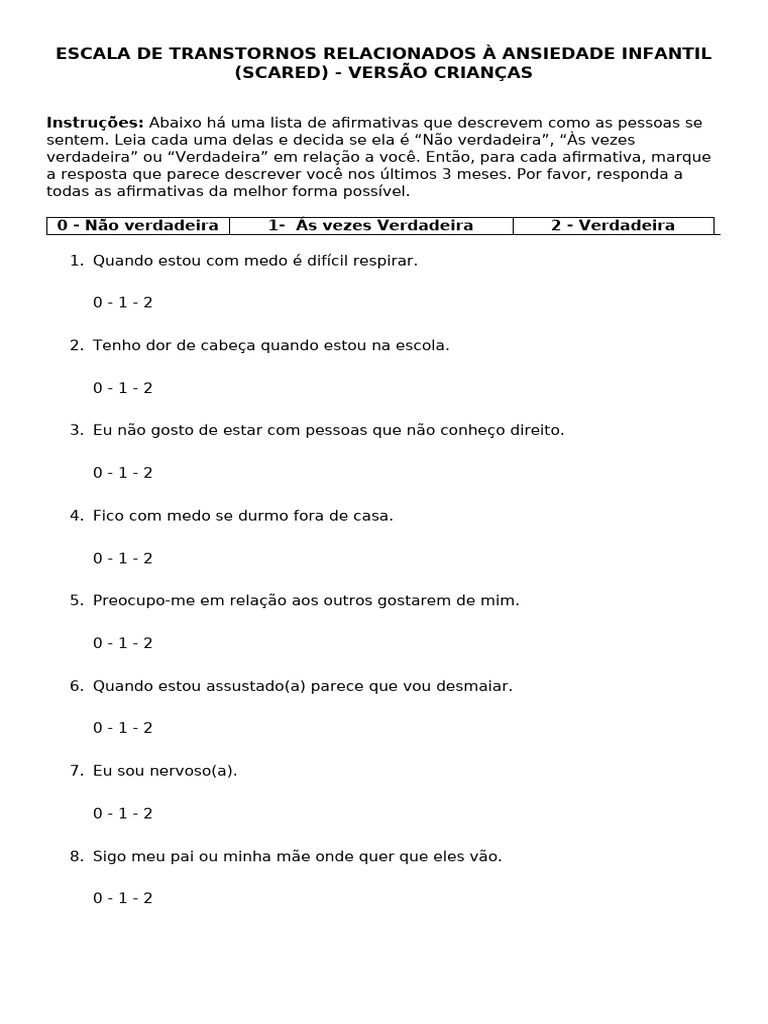 Escala SCARED de Ansiedade Infantil | PDF | Ansiedade