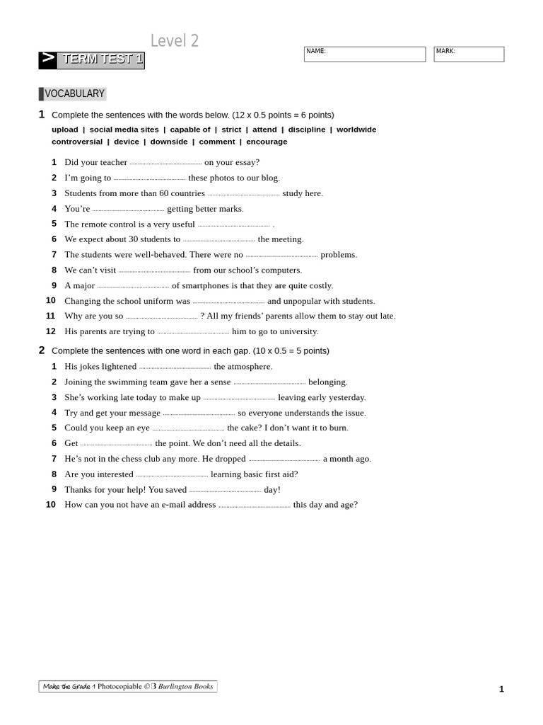 Level 2 Vocabulary and Grammar Test | PDF | Virtual Reality
